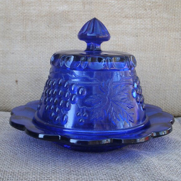Vintage Mosser Cobalt Grapes Covered Butter Dish - Picture 5 of 16